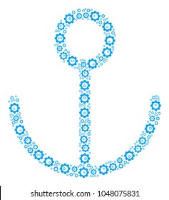 Anchor composition of gear components. Vector cog wheel pictograms are organized into anchor shape.