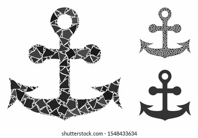 Anchor composition of trembly elements in variable sizes and color hues, based on anchor icon. Vector rough dots are combined into collage. Anchor icons collage with dotted pattern.