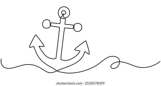 Anchor continuous one line drawing vector illustration. Premium vector, Continuous line drawing of sea anchor, Large sea anchor of the ship. Set of sea ocean elements. Continuous one line drawing. 