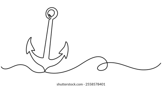 Anchor continuous one line drawing vector illustration. Premium vector, Continuous line drawing of sea anchor, Large sea anchor of the ship. Set of sea ocean elements. Continuous one line drawing. 