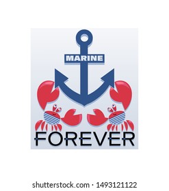 Anchor and crabs sailors. MARINE FOREVER. Emblem. Cute design for a summer T-shirt, youth textiles with the image of funny characters of crabs in vests.