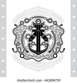 Anchor cross with two cannons in center of frame from line pattern and rope
