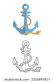 Dibujo de ilustraciones vectoriales lindas de ancla aislado en fondo blanco. Ancla vectorial coloreado e incoloro. Cuta página de coloreo para los niños. 