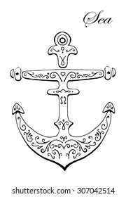 Anchor with decor. White isolation. Vector illustration.