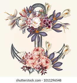 Anchor decorated by spring flowers ideal for labels for logotype or print design in vintage style