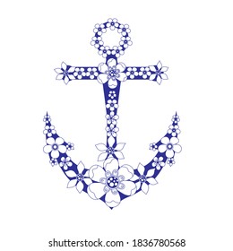 Anchor decorated with flowers, isolated on white background, marine concept. Hand drawn vector illustration in vintage style.