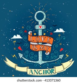 Anchor , deep blue sea, vintage label and lettering vector drawing