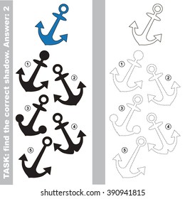 Anchor with different shadows to find the correct one. Compare and connect object with it true shadow. Visual game for children.