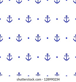Anchor and dot in blue and white seamless pattern, vector