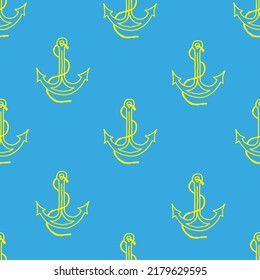 Anchor drawn with yellow marker on blue paper. Neon seamless background with anchor pattern. Summer vacation concept.