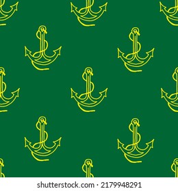Anchor drawn with yellow marker on green paper. Neon seamless background with anchor pattern. Summer vacation concept.