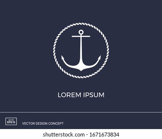 Anchor emblem with circular rope frame. Modern minimal flat design style. Simple logotype template. Vector illustration.