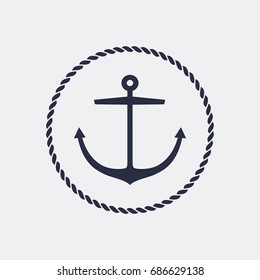 Anchor emblem with circular rope frame . Yacht style design. Nautical sign, symbol. Universal icon. Simple logotype template. Vector illustration.