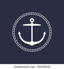 Anchor emblem with circular rope frame . Yacht style design. Nautical sign, symbol. Universal icon. Simple logotype template. Vector illustration.