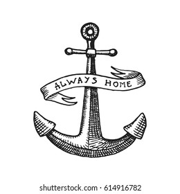 Anchor engraved vintage in old hand drawn or tattoo style, drawing for marine, aquatic or nautical theme, wood cut