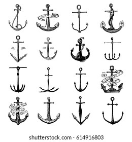 Anchor engraved vintage in old hand drawn or tattoo style, drawing for marine, aquatic or nautical theme, wood cut