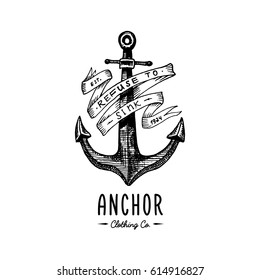 Anchor engraved vintage in old hand drawn or tattoo style, drawing for marine, aquatic or nautical theme, wood cut