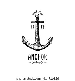 Anchor engraved vintage in old hand drawn or tattoo style, drawing for marine, aquatic or nautical theme, wood cut