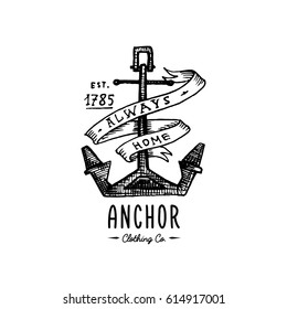 Anchor engraved vintage in old hand drawn or tattoo style, drawing for marine, aquatic or nautical theme, wood cut
