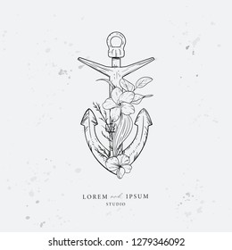 Anchor entwined with algae and flowers. Marine logo concept on grunge background. Hand drawn vector illustration.