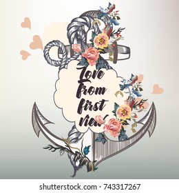 Anchor fashion vector design with nautical anchor and flowers. Love from first view