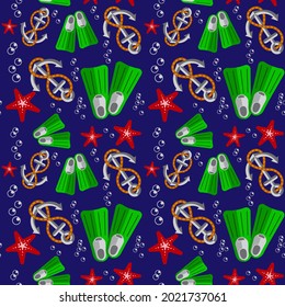 Anchor and fins on a blue background, texture for design, seamless pattern, vector illustration