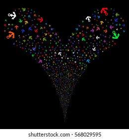 Anchor fireworks stream. Vector illustration style is flat bright multicolored iconic symbols on a black background. Object double fountain made from random symbols.