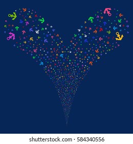 Anchor fireworks stream. Vector illustration style is flat bright multicolored iconic symbols on a blue background. Object double fountain combined from random pictographs.