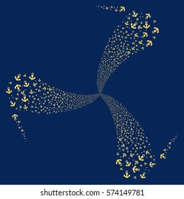 Anchor fireworks swirl rotation. Vector illustration style is flat yellow iconic symbols on a blue background. Object whirlpool constructed from random icons.