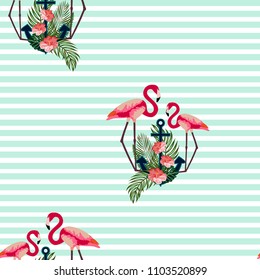 Anchor and flamingos. Sea pattern with flamingos, anchor and flowers.