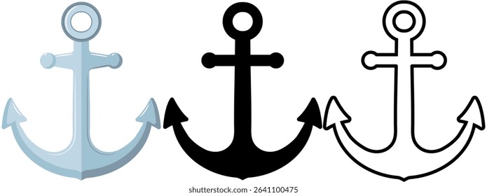 Anchor flat vector in colour, silhouette and outline versions, maritime graphic element