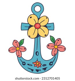 Anchor, flower, marine vintage scenery.Summer illustration, icon isolated on white. Marine collection.
