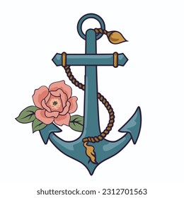 Anchor, flower, marine vintage scenery.Summer illustration, icon isolated on white. Marine collection.