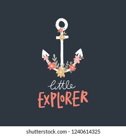 Anchor with flowers on dark background. Hand drawn stylish nursery lettering postcard. Poster, print for t-shirt and more, sticker, label and other. Vector illustration.