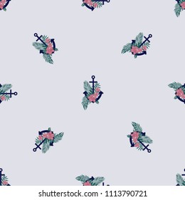 Anchor with flowers pattern. Beautiful flowers at anchor. Marine background with an anchor.