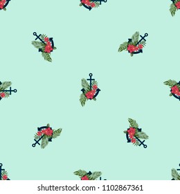 Anchor and flowers. Pattern with flowers and an anchor. Summer sea background with an anchor.