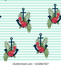 Anchor and flowers. Pattern with flowers and an anchor. Summer sea background with an anchor.