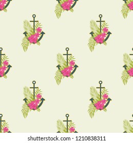 Anchor and flowers. Pattern with flowers and an anchor. Summer sea background with an anchor.