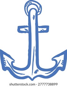 Anchor with fluke and shank in rough hand-drawn lines, bold contour and nautical detail. Symbol of stability, security, and sea heritage. Cartoon vector illustration.