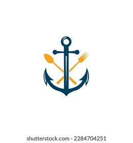 Anchor, fork and knife vector logo design template