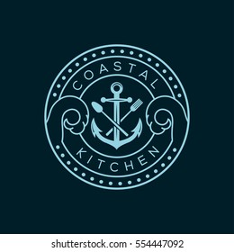 Anchor, Fork And Knife Vector Logo Design Template (icon, Sign, Symbol). Suitable For Seafood Restaurant Or Bar, Coastal Kitchen Brand, Seafood Related Book.