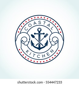 Anchor, Fork And Knife Vector Logo Design Template (icon, Sign, Symbol). Suitable For Seafood Restaurant Or Bar, Coastal Kitchen Brand, Seafood Related Book.