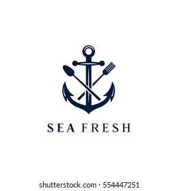 Anchor, Fork And Knife Vector Logo Design Template (icon, Sign, Symbol). Suitable For Seafood Restaurant Or Bar, Coastal Kitchen Brand, Seafood Related Book.