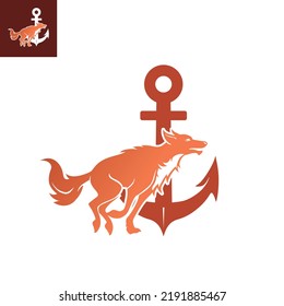 anchor and fox logo, great silhoette of running fox vector illustrations