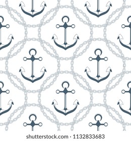 Anchor in a frame with a chain. Seamless nautical pattern