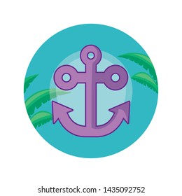 anchor in frame circular with leafs tropicals