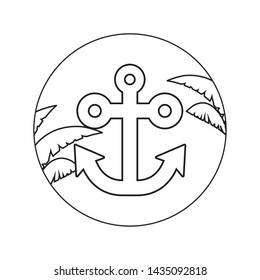 anchor in frame circular with leafs tropicals