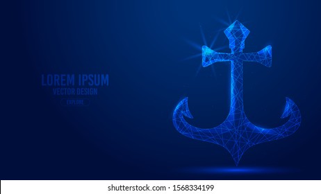 Anchor geometric lines, low polygon triangles style wireframe vector banner template. Isolated concept on a blue background polygonal 3d mesh abstract art. Creative copyspace.