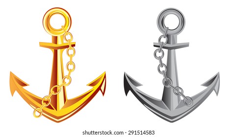 Anchor from gild and metal on white background is insulated