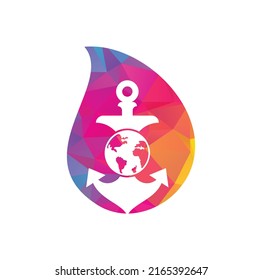 Anchor Globe drop shape concept Logo Template. Anchor and planet logo combination. Marine and world symbol or icon.